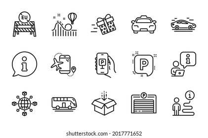 Transportation icons set. Included icon as Flights application, Parking app, Parking signs. Bus tour, Logistics network, Get box symbols. Taxi, Car, Eu close borders. Present delivery. Vector