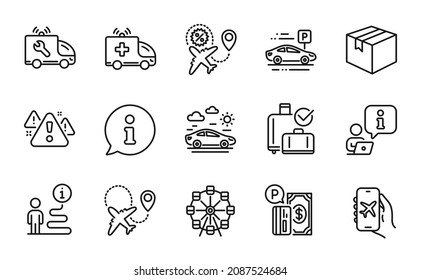 Transportation icons set. Included icon as Parking payment, Car travel, Flight sale signs. Car service, Ferris wheel, Parcel symbols. Flight mode, Warning, Airplane. Baggage reclaim. Vector