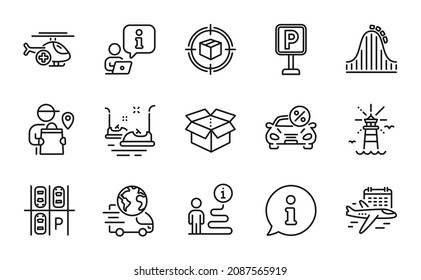 Iconos de transporte establecidos. Icono incluido como servicio de entrega, faro, señales de caja abierta. Monstruo, Helicóptero médico, Símbolos de coches parachoques. Seleccione vuelo, Entrega, Parking. Vector