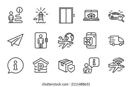 Transportation icons set. Included icon as Truck delivery, Search car, Lighthouse signs. Parking, Flight mode, Lift symbols. Elevator, Paper plane, International flight. Parcel insurance. Vector