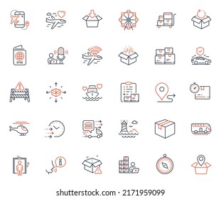 Transportation icons set. Included icon as Parcel delivery, Inventory checklist and Passport web elements. Wholesale inventory, Cardboard box, Lighthouse icons. Travel compass. Vector