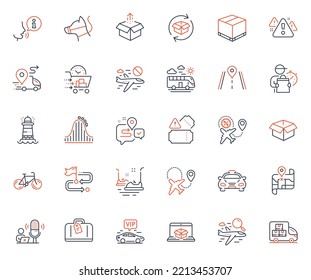 Transportation icons set. Included icon as Vip transfer, Flight sale and Delivery box web elements. Bicycle, Opened box, Return parcel icons. Journey, Delivery man, Taxi web signs. Vector