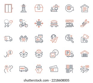 Transportation icons set. Included icon as Paper plane, Parking and Shuttle bus web elements. Package box, Packing boxes, Logistics network icons. Truck delivery, Lift, Escalator web signs. Vector