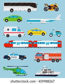 Transportation icons set. Municipal and Travel Transport. Public Transport. Flat design style. Vector illustration