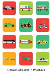 Transportation icons set. Municipal and Travel Transport. Public Transport. Flat design style. Vector illustration