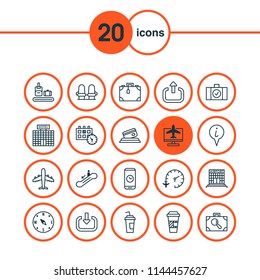 Transportation icons set with portfolio, paper cup, hotel building and other locate elements. Isolated vector illustration transportation icons.