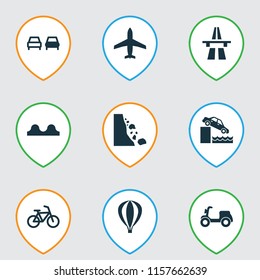 Transportation icons set with quayside, airplane, falling rock and other uneven way elements. Isolated vector illustration transportation icons.