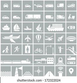 Transportation icons set - rail, water, road, air transport symbols & design elements