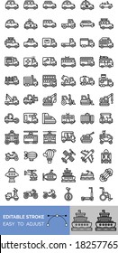 transportation icons set related different modes of transportation like bus, van, ships, carriage, police car, parachute, helicopter, airplane, motorbikes, train, and wheelchair vector in lineal style