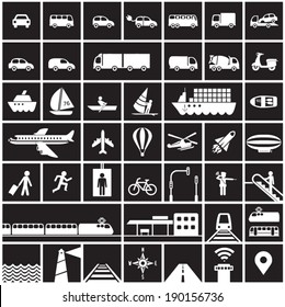 Transportation icons set - road, rail, water, air transport symbols & design elements.High contrast - White on Black