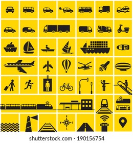 Transportation icons set - road, rail, water, air transport symbols & design elements. High contrast - Black on Yellow