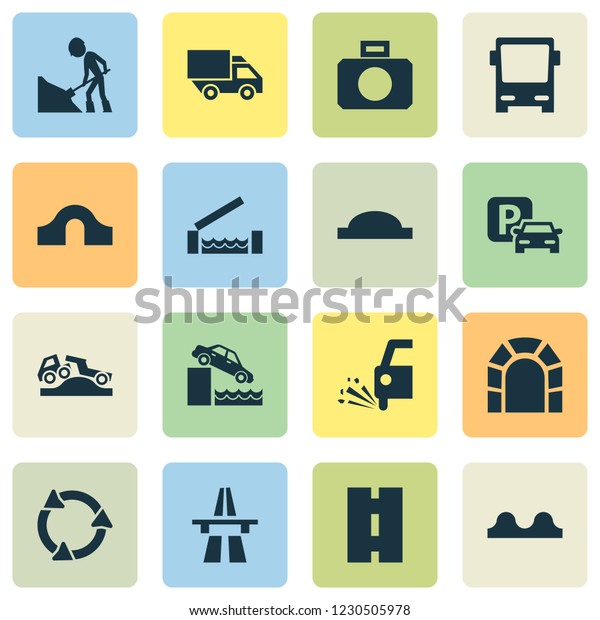 Transportation icons set with road work, quayside,\
truck and other van elements. Isolated vector illustration\
transportation\
icons.