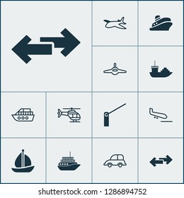 Transportation icons set with sail ship, airplane, landing plane  elements. Isolated vector illustration transportation icons.