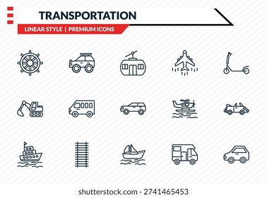transportation icons set - ship helm, all terrain, excavators, yawl, litter car outline vector collection.