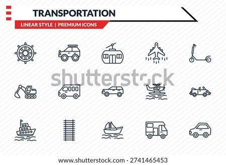 transportation icons set - ship helm, all terrain, excavators, yawl, litter car outline vector collection.