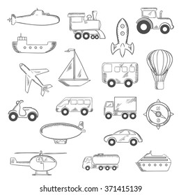 Transportation icons set with silhouettes of cars, buses, train, trucks, ship, airplane, motorcycle, sailboat, compass, tractor, helicopter, rocket, submarine, hot air balloon, airship. Vector sketch