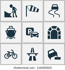 Transportation icons set with soft verges, tunnel ahead, slippery way and other tanker elements. Isolated vector illustration transportation icons.