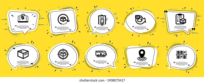 Transportation Icons Set. Speech Bubble Offer Banners. Yellow Coupon Badge. Included Icon As Elevator, Office Box, Location Signs. 24 Hours, Return Package, Parking Place Symbols. Vector