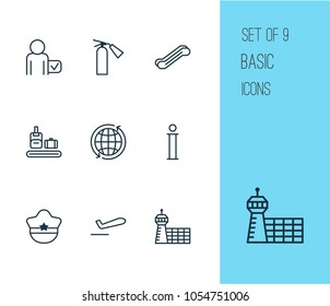 Transportation icons set with sprinkler, passenger, aerodrome and other fire extinguisher elements. Isolated vector illustration transportation icons.