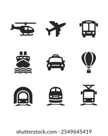 Transportation Icons set stock illustration. Public transport vector shape style icon set. Front view land, water, air transport symbols. 