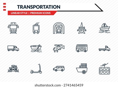 transportation icons set - tram front view, trolleybus, eighteen-wheeler, minivan, funicular railway outline vector collection.