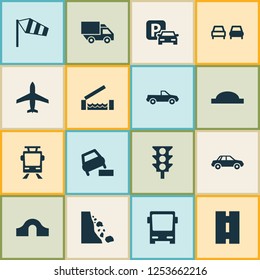 Transportation icons set with truck, side wind, soft verges and other automobile elements. Isolated vector illustration transportation icons.