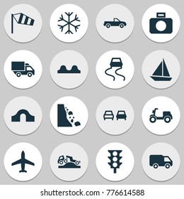Transportation icons set with uneven way, frosty, van and other cabriolet elements. Isolated vector illustration transportation icons.
