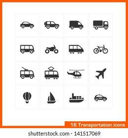 Transportation icons set. Vector black pictograms for business, industry, navigation, web, internet, computer and mobile apps: car, ship, airplane, helicopter, bicycle, motorcycle, tram, truck symbols