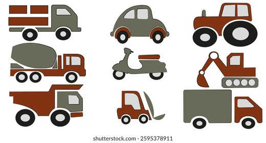 Transportation Icons Set Vector.  Set of Children's Toys, Transport, Playful Prints Vector