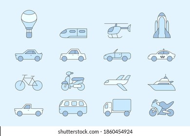 Transportation Icons set - Vector color symbols of train, car, ship, bicycle, bus, airplane and etc. for the site or interface
