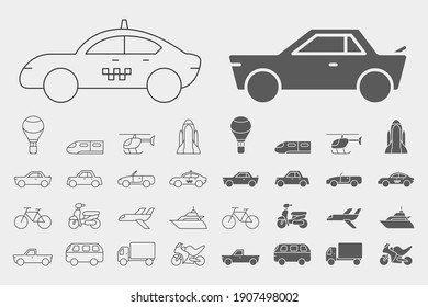 Transportation Icons set - Vector outline symbols and silhouettes of train, car, ship, bicycle, bus, airplane and etc. for the site or interface