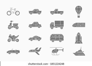 Transportation Icons set - Vector silhouettes of train, car, ship, bicycle, bus, airplane and etc. for the site or interface