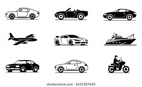 Transportation icons set vehicles airplane yacht motorcycle car