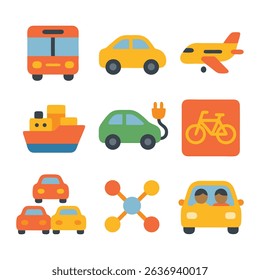 Transportation icons sheet options include planes, cars, trains, bicycles and boats, ideal for travel brochures, website banners, or vacation themed designs.