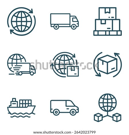 Transportation icons showcasing global shipping solutions. Icon symbol illustration