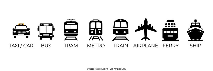 Transportation icons in simple black and white. public transport icons