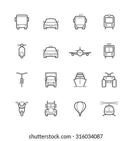 Transportation icons in thin line style, front view