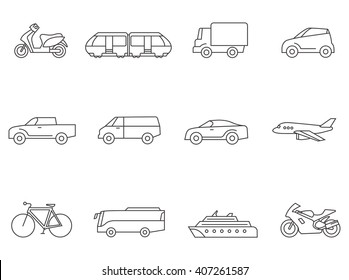 Transportation icons in thin outlines. Car, airplane, truck, bus.