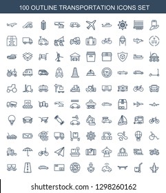 transportation icons. Trendy 100 transportation icons. Contain icons such as plane, cargo on cart, skateboard, car, box, parcel, road. transportation icon for web and mobile.