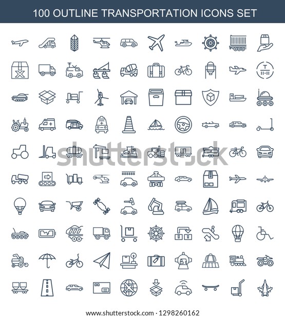 transportation\
icons. Trendy 100 transportation icons. Contain icons such as\
plane, cargo on cart, skateboard, car, box, parcel, road.\
transportation icon for web and\
mobile.