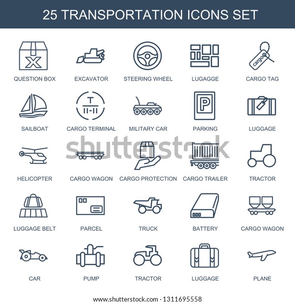 transportation\
icons. Trendy 25 transportation icons. Contain icons such as\
question box, excavator, steering wheel, lugagge, cargo tag.\
transportation icon for web and\
mobile.