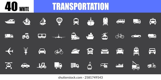 transportation icons white silhouette. vehicle sign. simple icons.