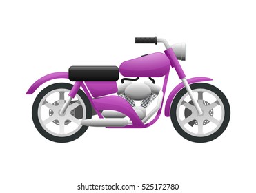 Transportation. Illustration of contemporary violet motorcycle. Two-wheeled motor vehicle with fuel economy and one headlight in front of it. Fast mean of transportation in cartoon design. Vector