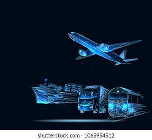 Transportation, import-export and logistics concept, container truck, ship in port and freight cargo plane in transport and import-export commercial logistic,. Low poly vector