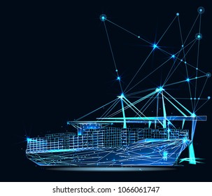 Transportation, import-export and logistics concept. Shipping port with cranes and container ship. Low poly vector illustration. 