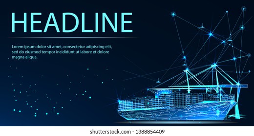 Transportation, Import-export And Logistics Concept. Shipping Port With Cranes And Container Ship. Low Poly Vector Illustration. Headline