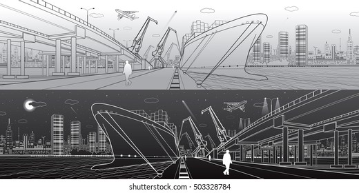 Transportation and industrial panorama. Cargo ship loading, boats on the water, sea harbor. Transport overpass, highway, urban scene, airplane fly. Light and dark lines. Vector design art