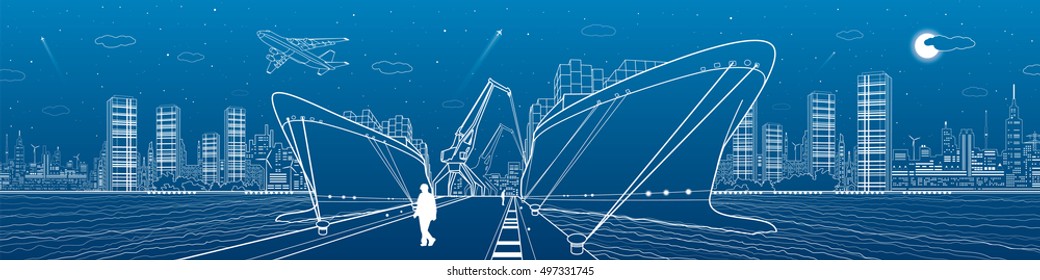 Transportation and industrial panorama. Two cargo ships loading, boats on the water, sea harbor, airplane fly, night city, people go on the pier. Vector design art