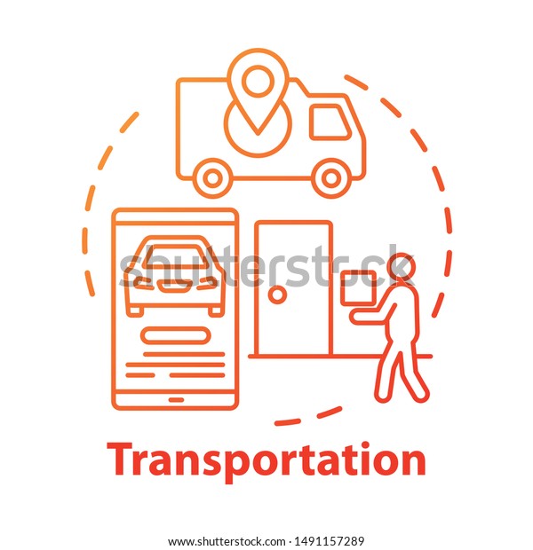 Transportation industry concept icon. Express\
home delivery business idea thin line illustration. Customer\
service. Van, smartphone and courier with package vector isolated\
outline drawing