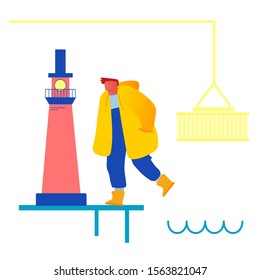 Transportation Industry, Global Maritime Logistic. Man Walking near Lighthouse, Crane Loading Cargo Container on Ship. Import and Export Shipping Freight Harbor Yard. Cartoon Flat Vector Illustration